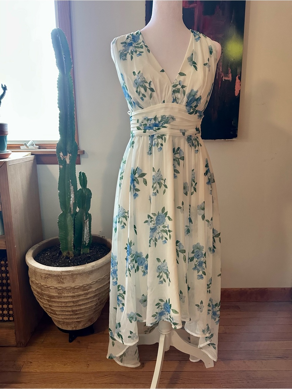 Disney White Chiffon High-Low Dress with Blue Floral Print
